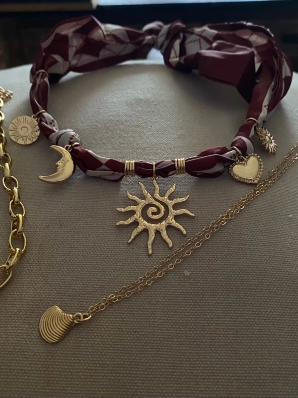 Boho Gold Sun & Moon Layered Necklace Set with Maroon Scarf - Picture 4 of 4